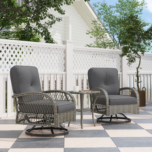 Wicker Balcony Furniture, 3 Piece Patio Set, 2 Swivel Rocking Chairs, 2-Tier Glass Coffee Table, Grey Bistro Sets Grey at Gallery Canada