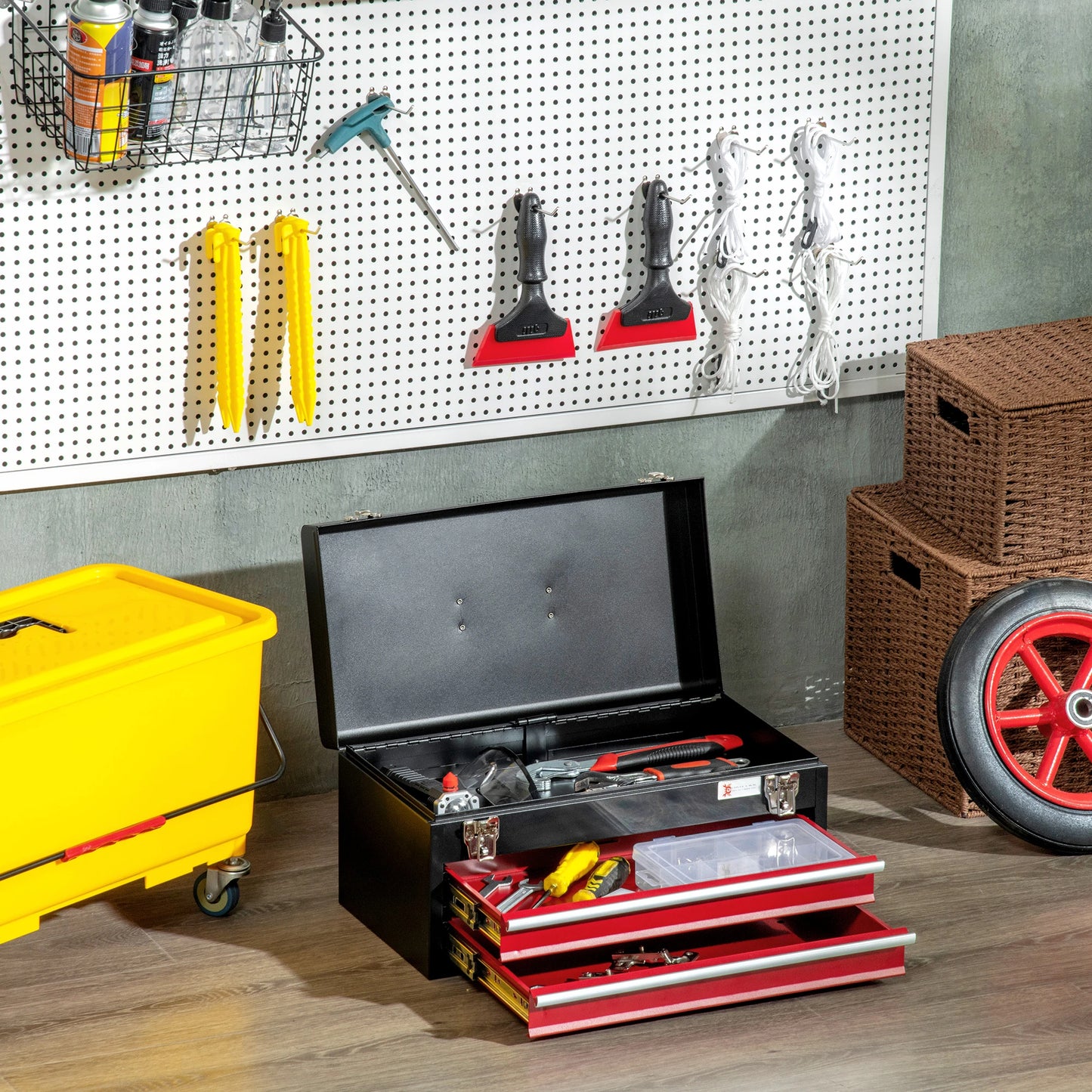 8.7" Portable Metal Tool Box, 2 Drawer Lockable Chest, Red Tool Organizers at Gallery Canada