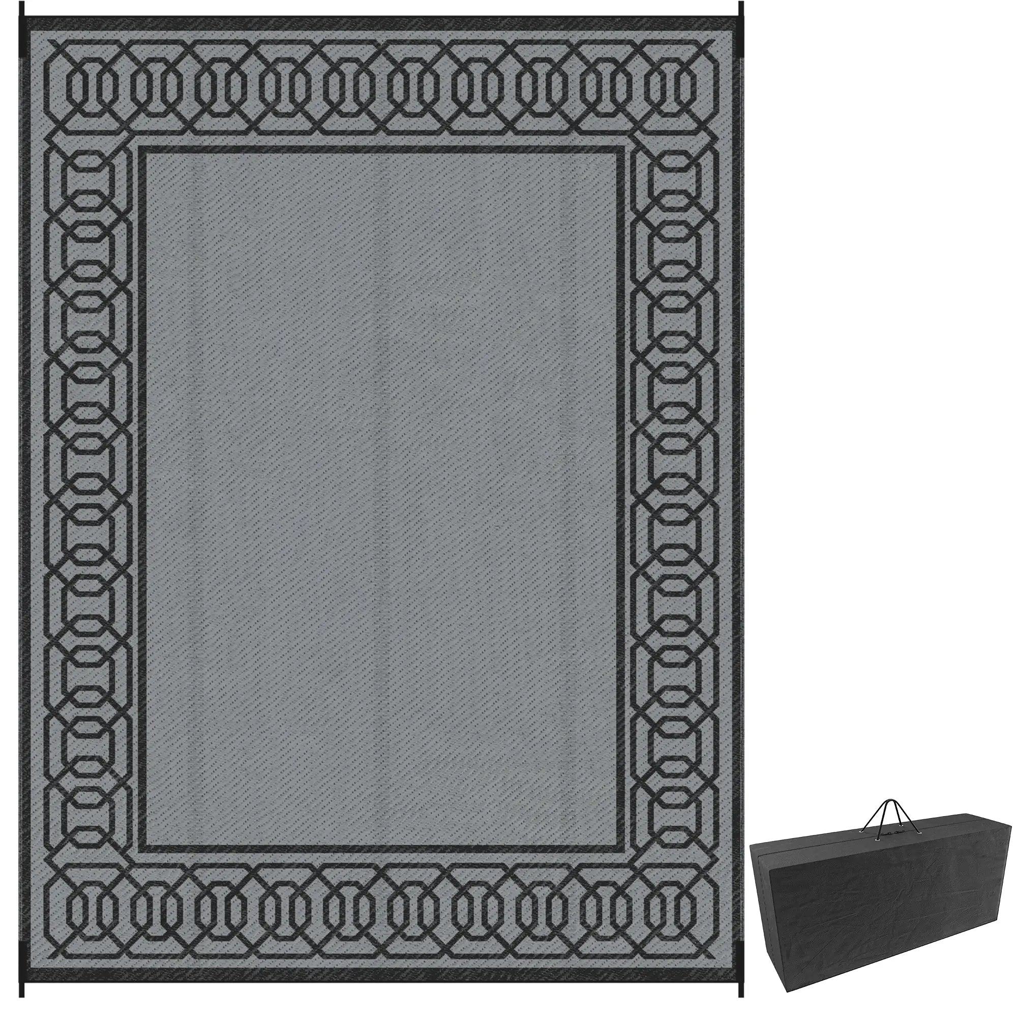 Portable Outdoor Rug, 9' x 12', Waterproof, Reversible, Black and Grey Outdoor Reversible Rugs Black and Grey at Gallery Canada