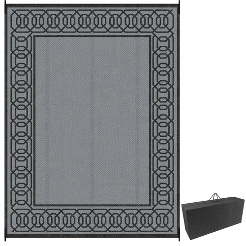 Portable Outdoor Rug, 9' x 12', Waterproof, Reversible, Black and Grey