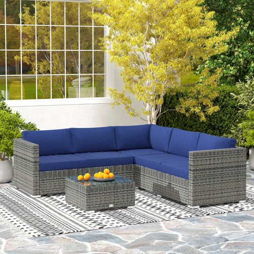 4pc Rattan Wicker Outdoor Furniture Set, Corner Sofa Loveseats Coffee Table, Navy Blue