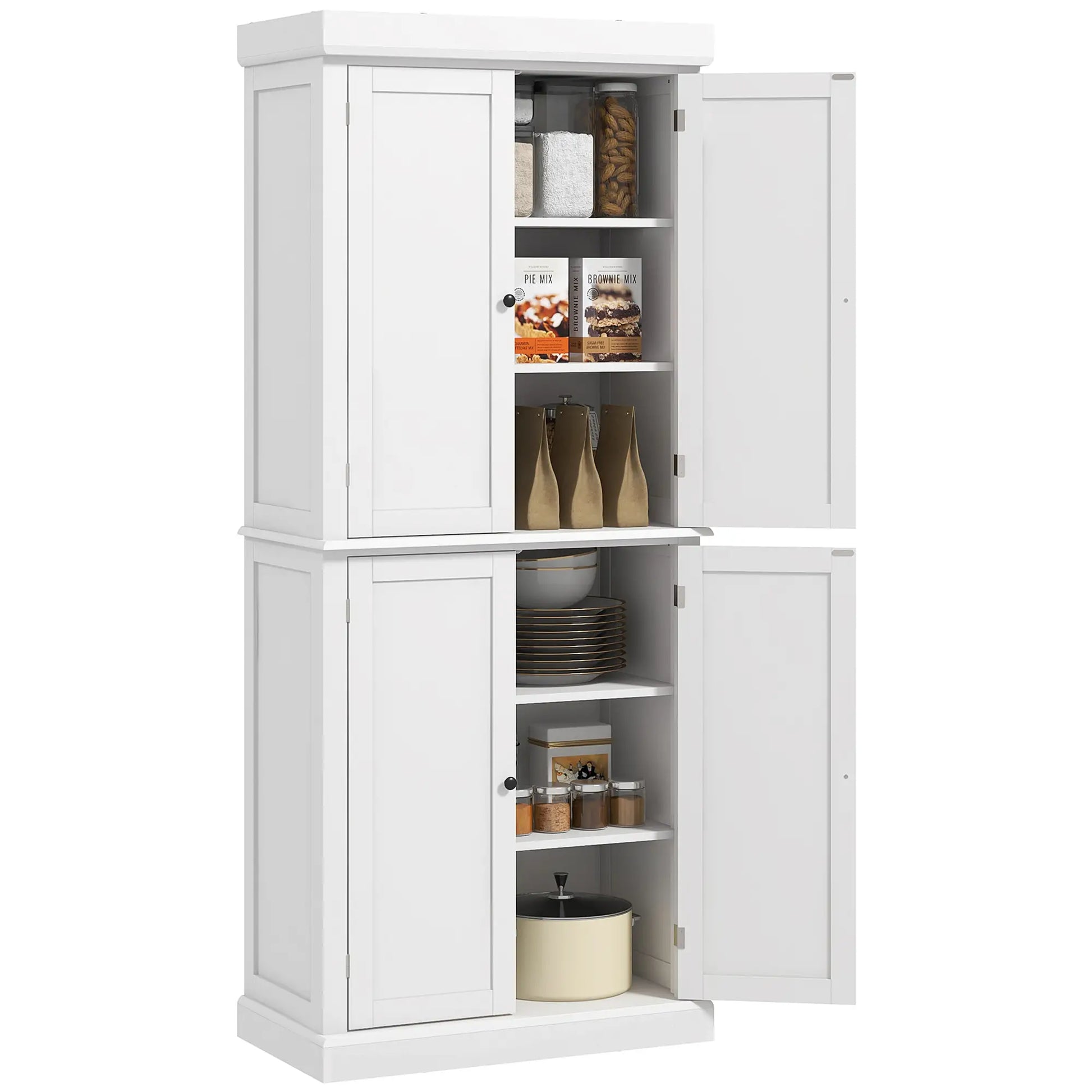72.5" Freestanding Kitchen Pantry, 4 Doors, White Kitchen Pantry Cabinets White at Gallery Canada
