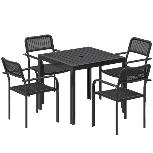 Outdoor Dining Set For 4, Faux Wood Metal Patio Table, Stackable Chairs, Black Outdoor Dining Sets Black at Gallery Canada