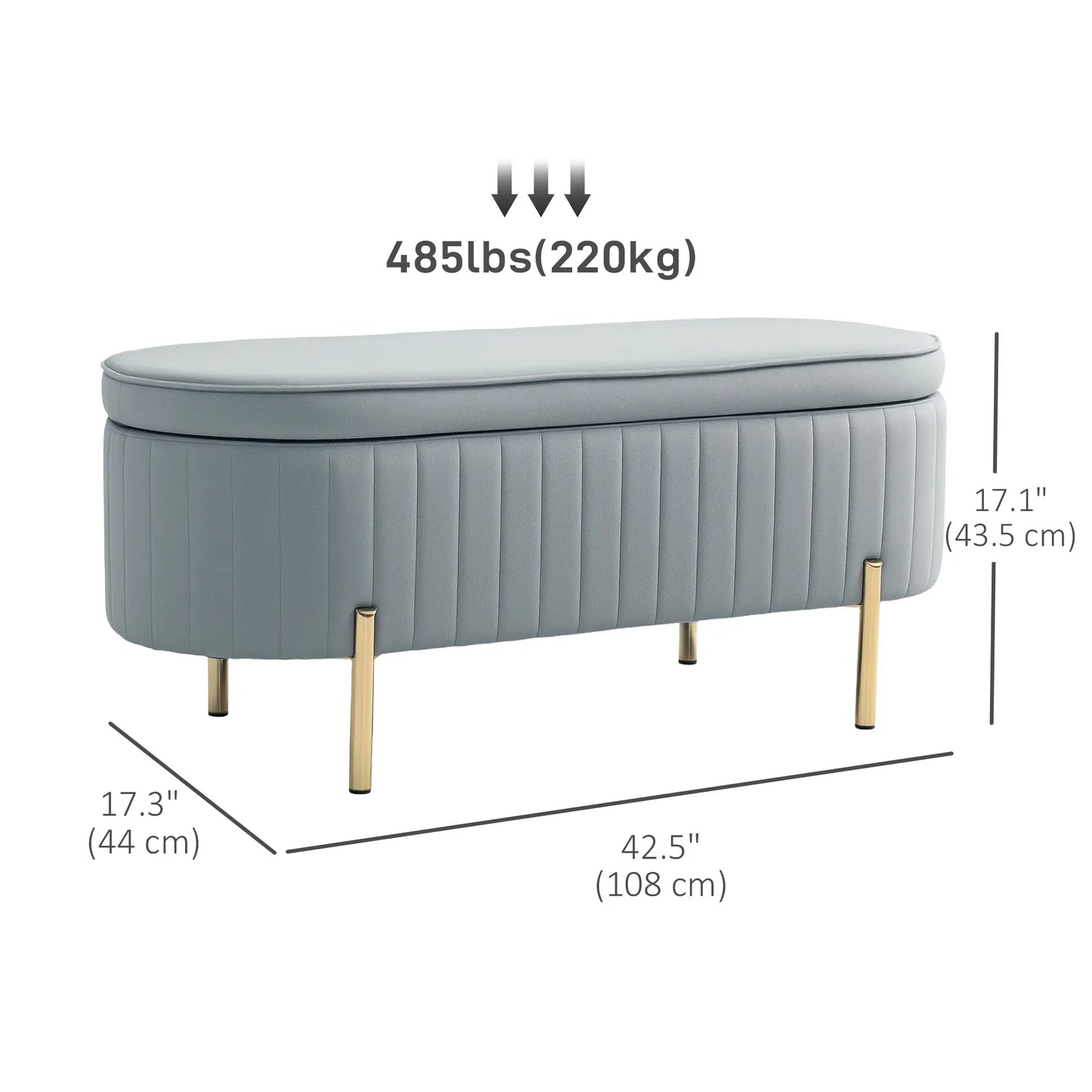 Upholstered Channel Tufted Ottoman Bench, Thick Padding, Metal Legs, Grey Storage Ottomans & Benches at Gallery Canada