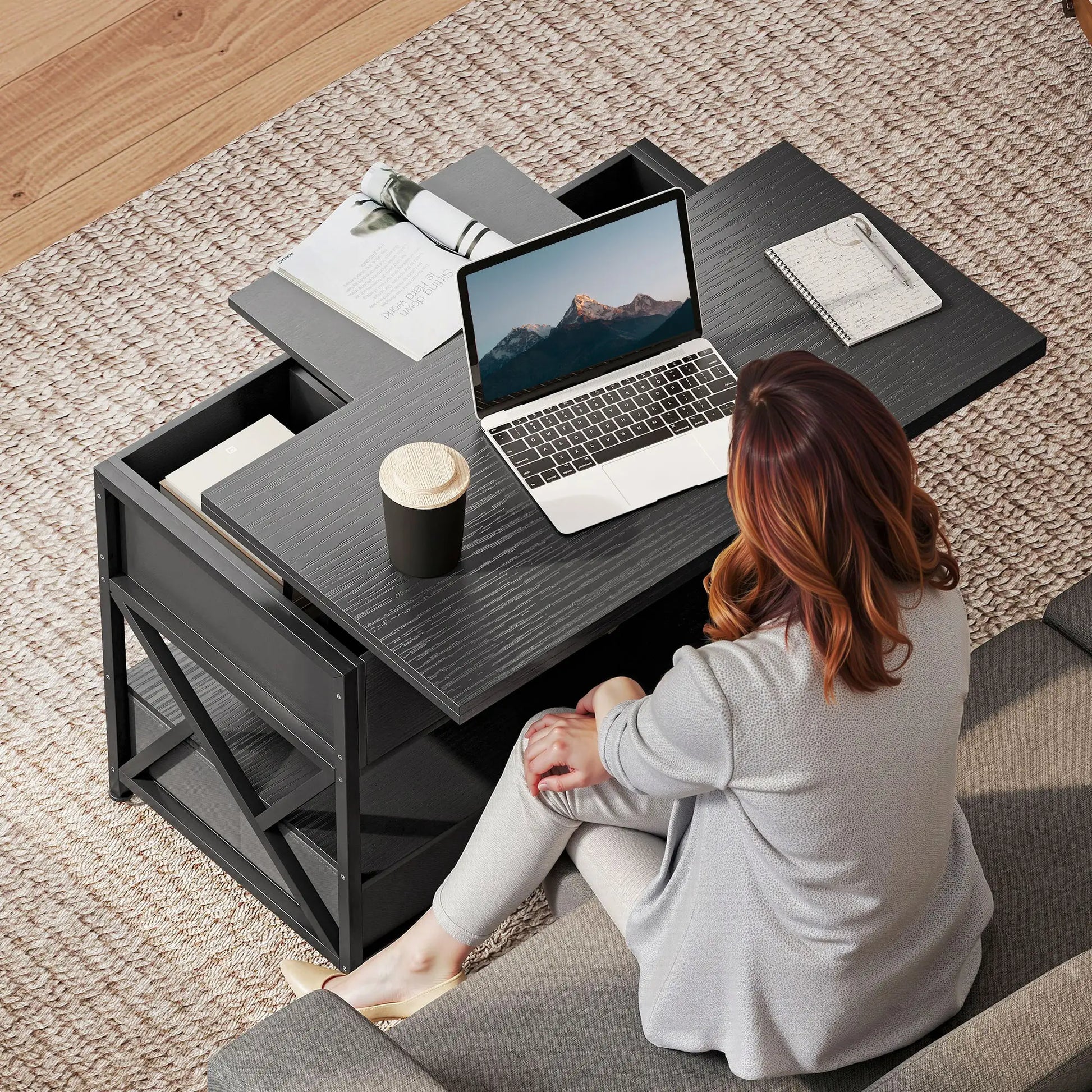 Modern Lift Top Coffee Table, Fabric Drawers, Hidden Storage, Distressed Black Coffee Tables at Gallery Canada