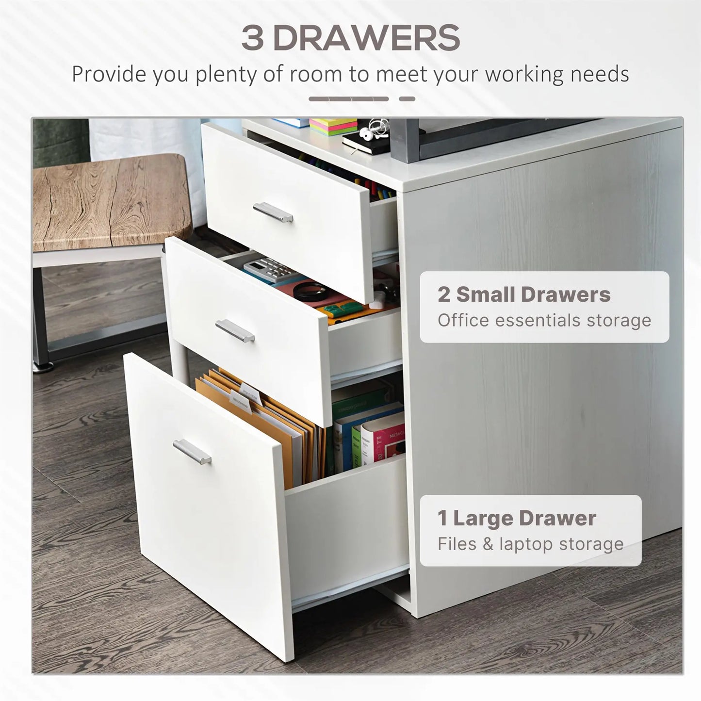 47" L Computer Desk, Metal Frame, Reversible File Drawers, White Writing Desks at Gallery Canada