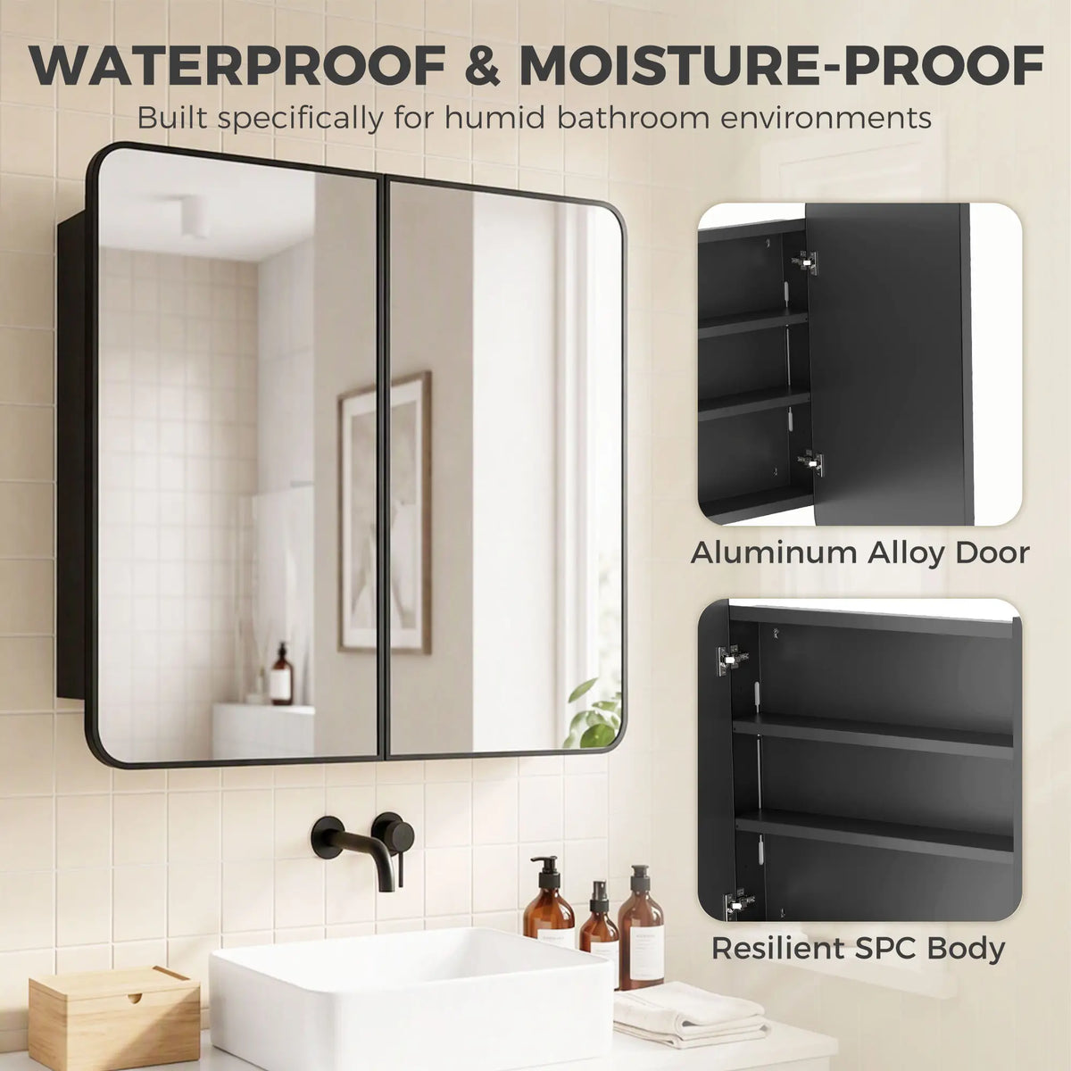 30 x 24 Inch Bathroom Medicine Cabinet, Mirror, Shelves, Black
