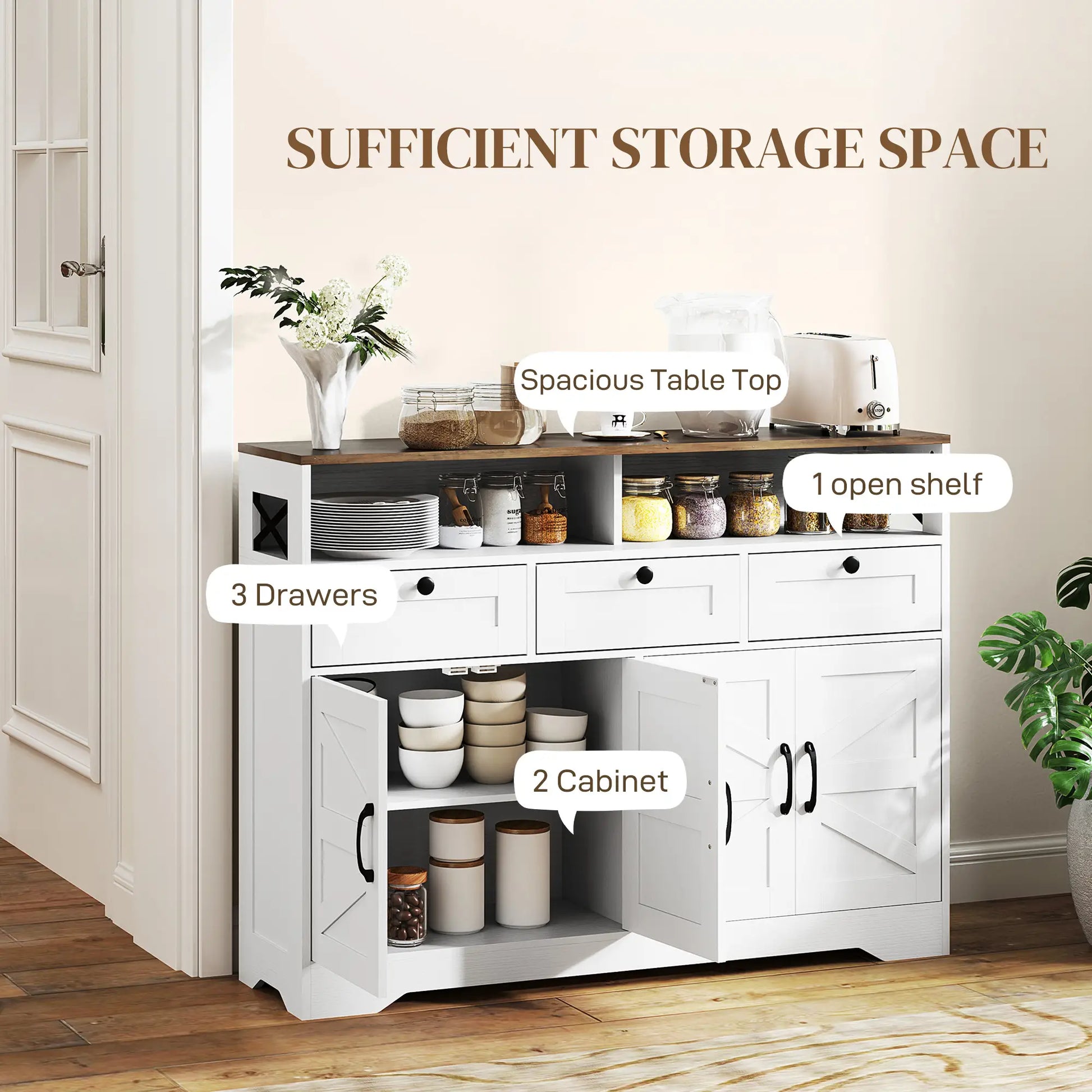 Sideboard, Buffet Cabinet with 4 Barn Doors, 3 Drawers, White Storage Cabinets at Gallery Canada
