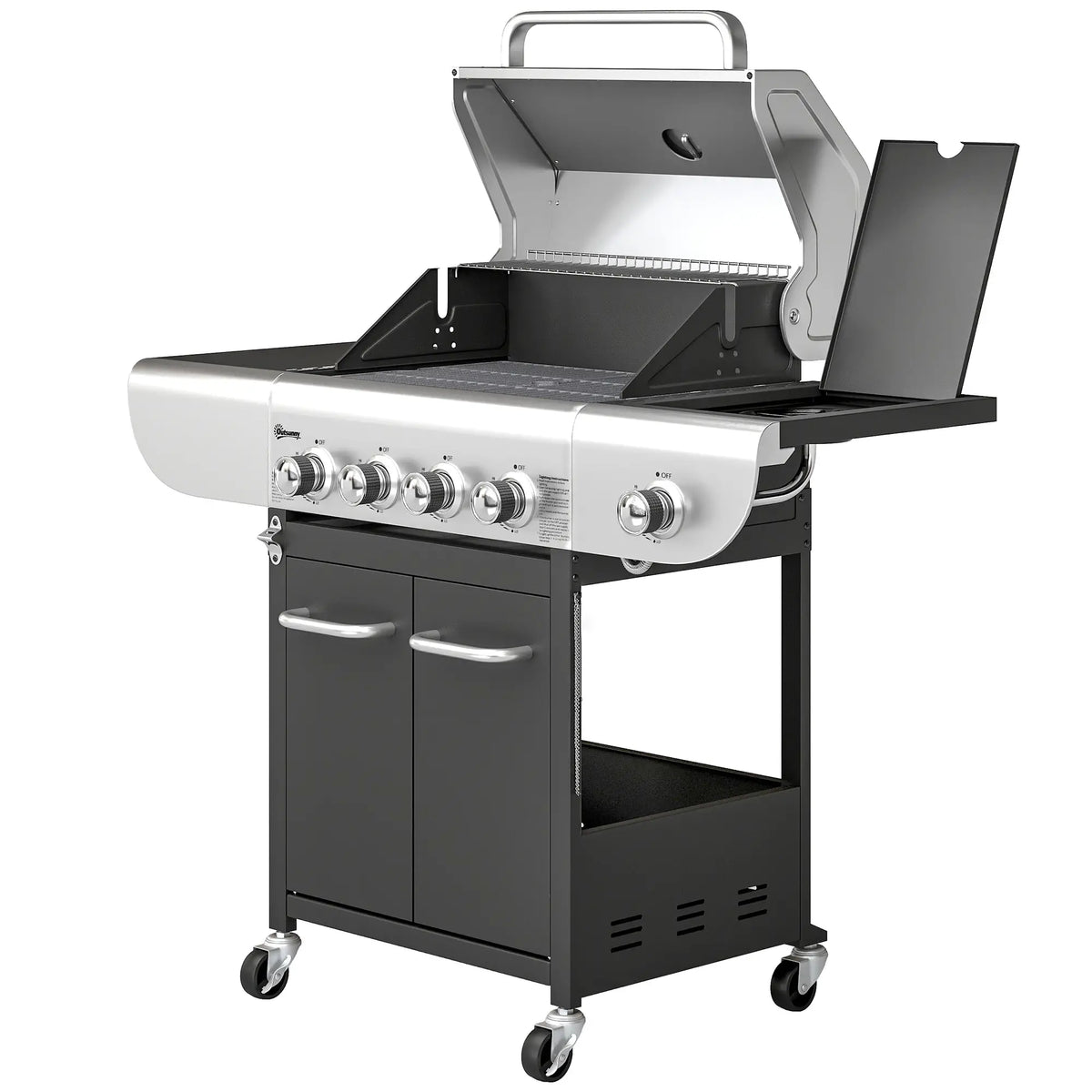 4 Burner Propane Gas Grill, 53,000 BTU, Cast Iron Grates, Wheels, Warming Rack Propane Gas Grills Silver, Black at Gallery Canada