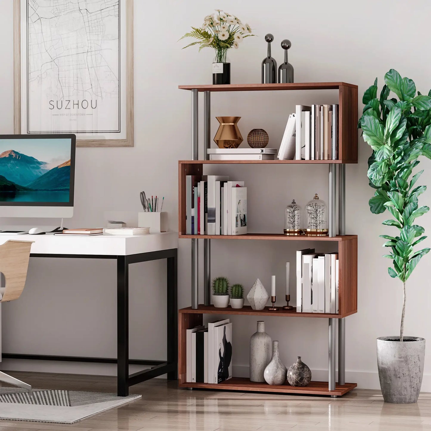 5-Tier Geometric Wooden Bookcase, S-Shaped Storage, Walnut Display Bookshelves at Gallery Canada