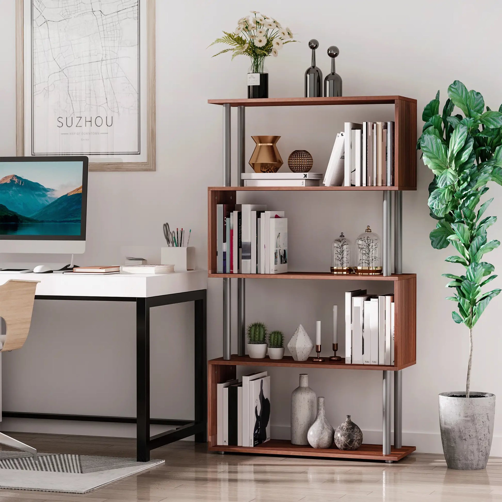5-Tier Geometric Wooden Bookcase, S-Shaped Storage, Walnut Display Bookshelves at Gallery Canada