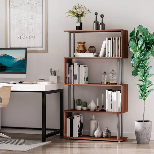5-Tier Geometric Wooden Bookcase, S-Shaped Storage, Walnut