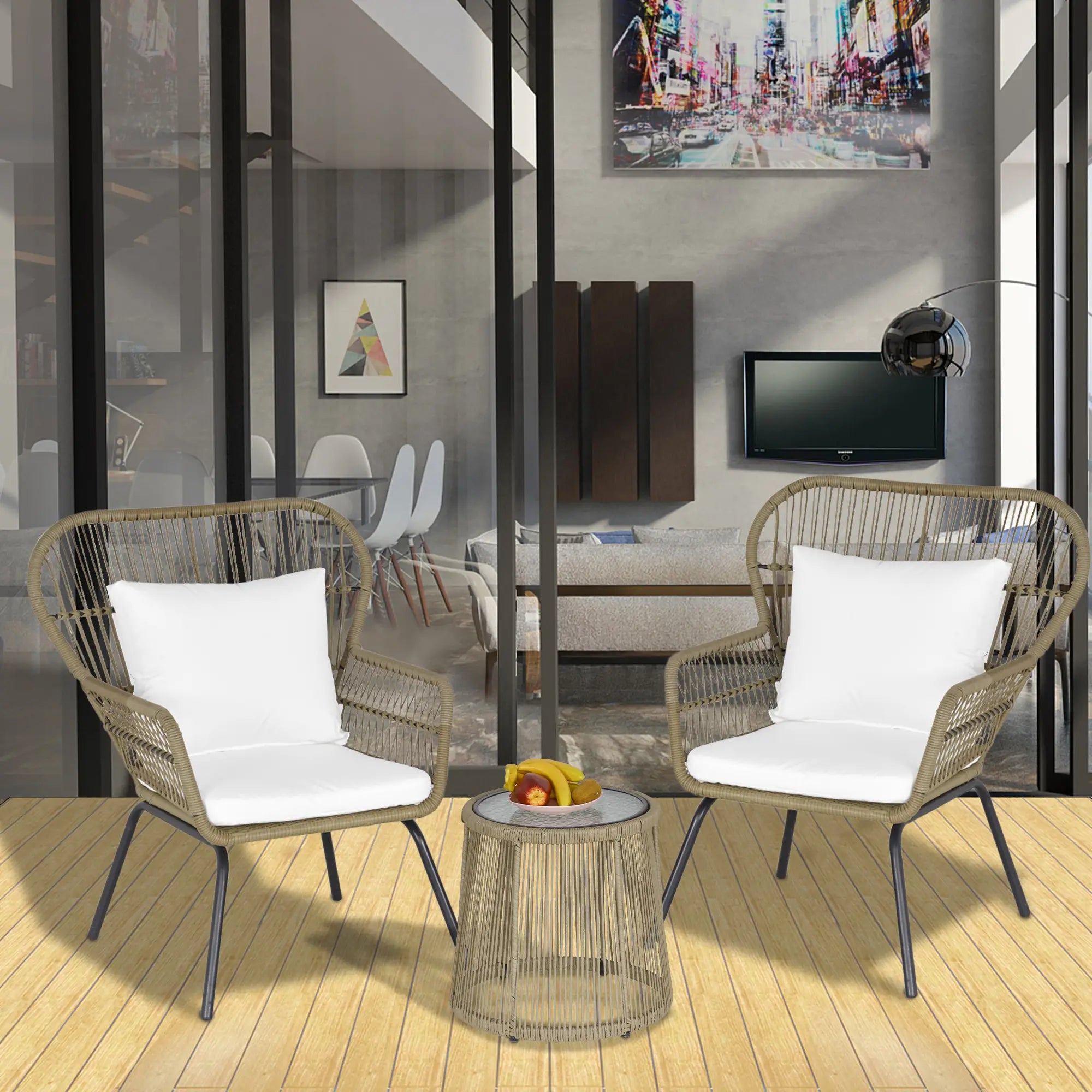 3 Pc Wicker Patio Set, Rattan Bistro with Table, Cushions, Outdoor, Coffee, White Bistro Sets at Gallery Canada