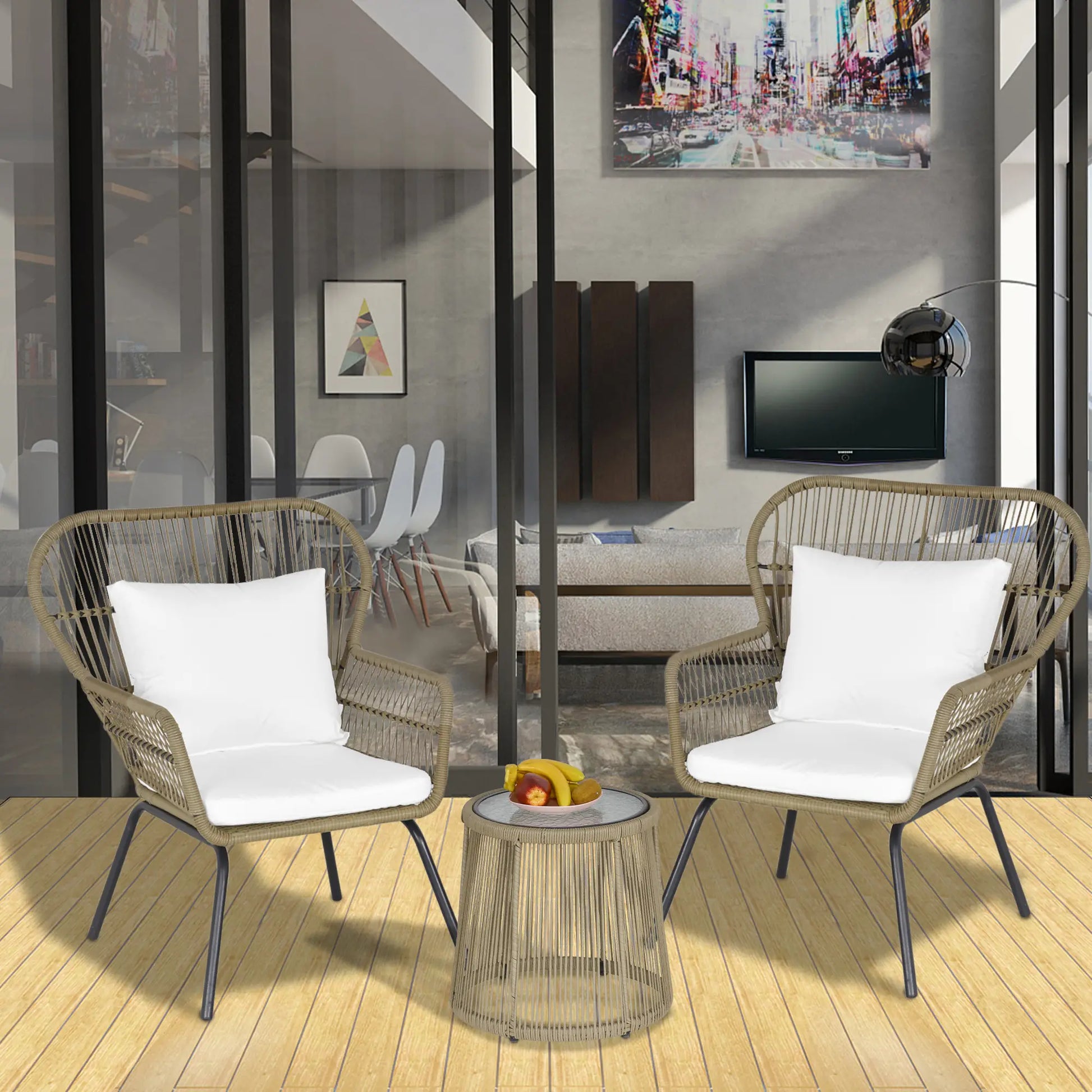 3 Pc Wicker Patio Set, Rattan Bistro with Table, Cushions, Outdoor, Coffee, White Bistro Sets at Gallery Canada