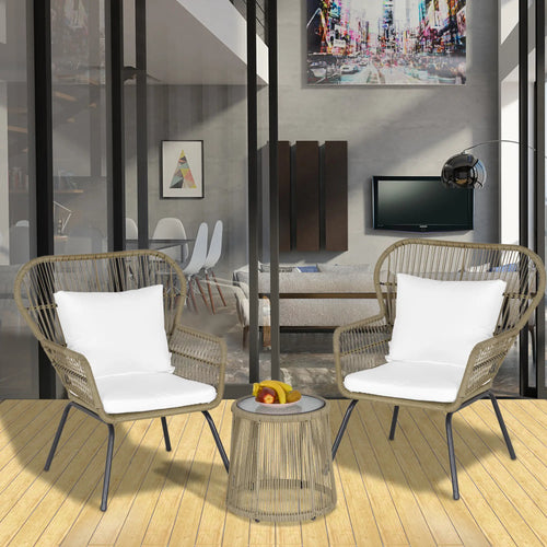 3 Pc Wicker Patio Set, Rattan Bistro with Table, Cushions, Outdoor, Coffee, White