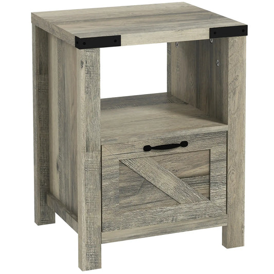 Farmhouse Side Table with Storage, Drawer, Open Shelf, Grey Side Tables Grey at Gallery Canada