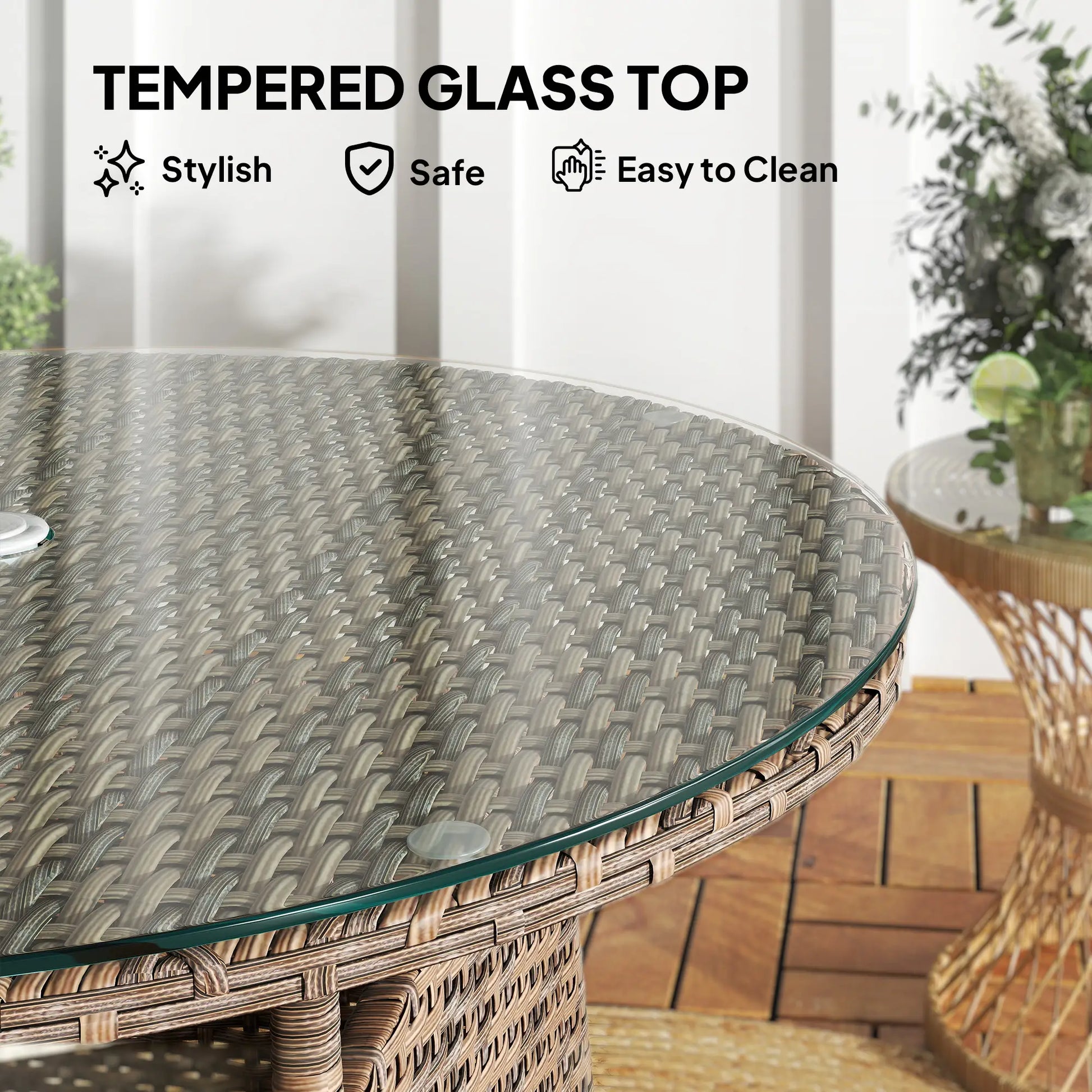 31.5" Round Patio Table with Umbrella Hole, Tempered Glass Top, Brown Coffee Tables at Gallery Canada
