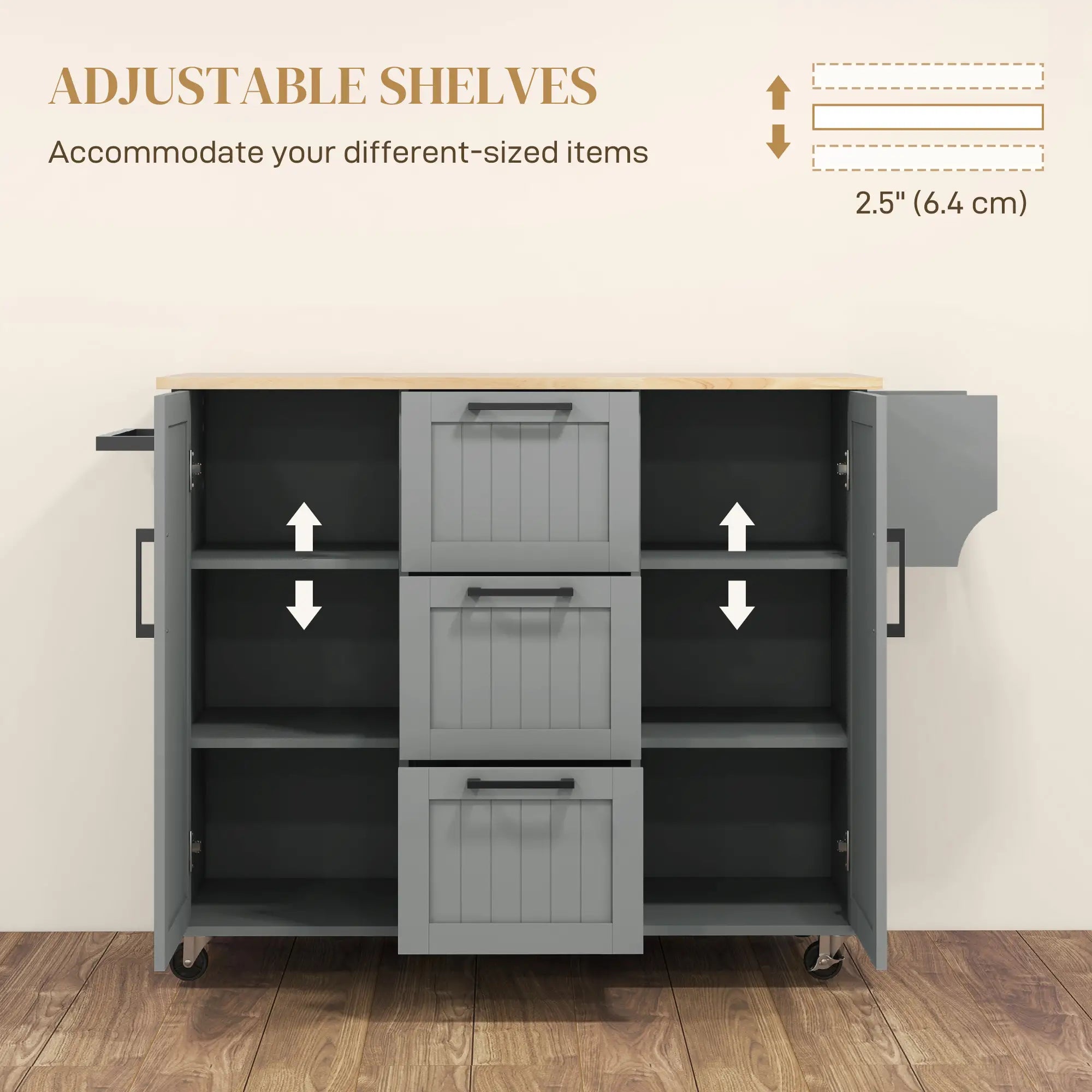 Rolling Kitchen Cart with Drop Leaf, 3 Drawers, Solid Wood Top, Towel Rack, Grey Kitchen Islands & Kitchen Carts at Gallery Canada