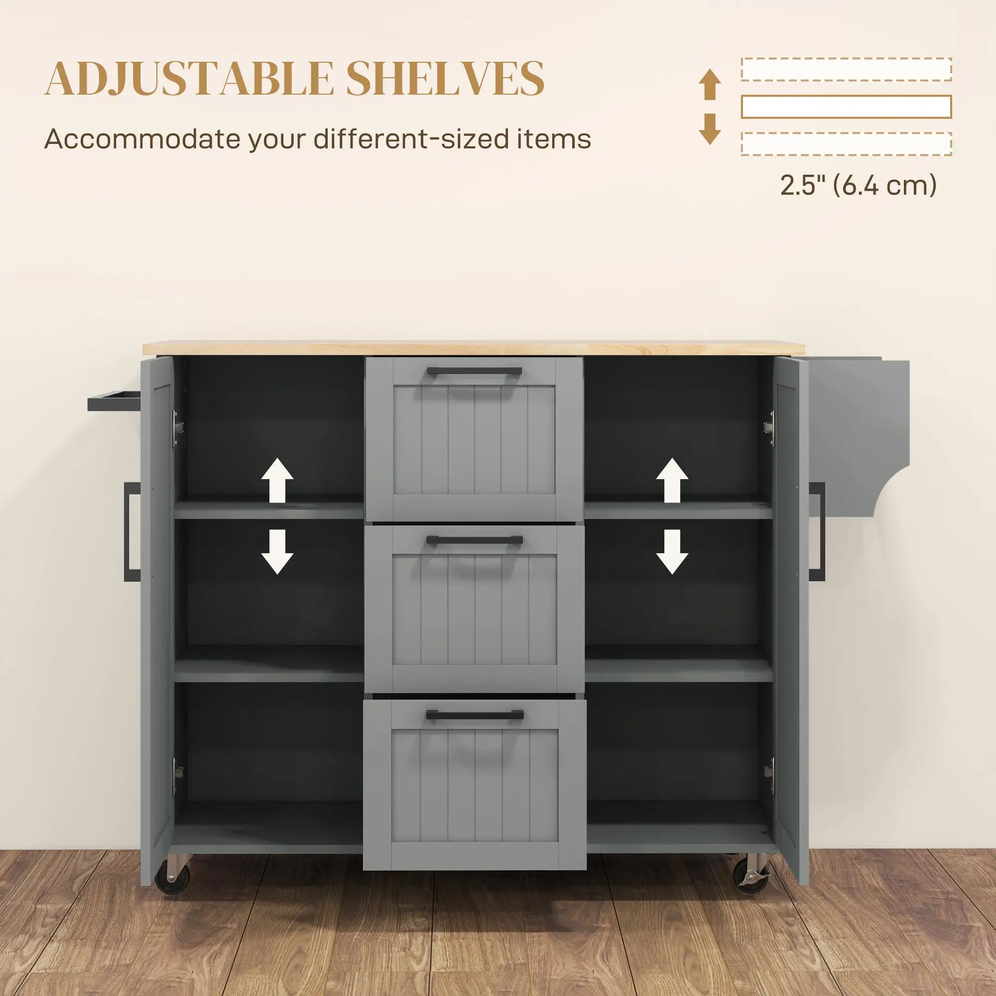 Rolling Kitchen Cart with Drop Leaf, 3 Drawers, Solid Wood Top, Towel Rack, Grey Kitchen Islands & Kitchen Carts at Gallery Canada