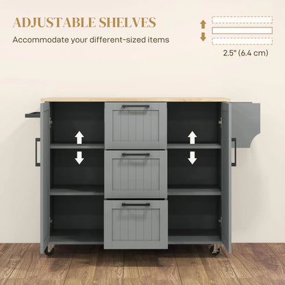 Rolling Kitchen Cart with Drop Leaf, 3 Drawers, Solid Wood Top, Towel Rack, Grey Kitchen Islands & Kitchen Carts at Gallery Canada