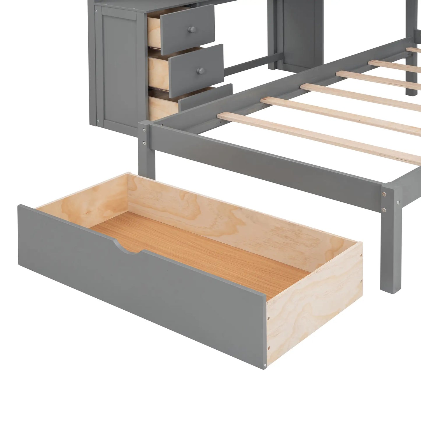Over Twin Bunk Bed with Study Desk, Drawers, Shelves, 98" L x 80" W x 64.5" H, Grey Bed Frames at Gallery Canada