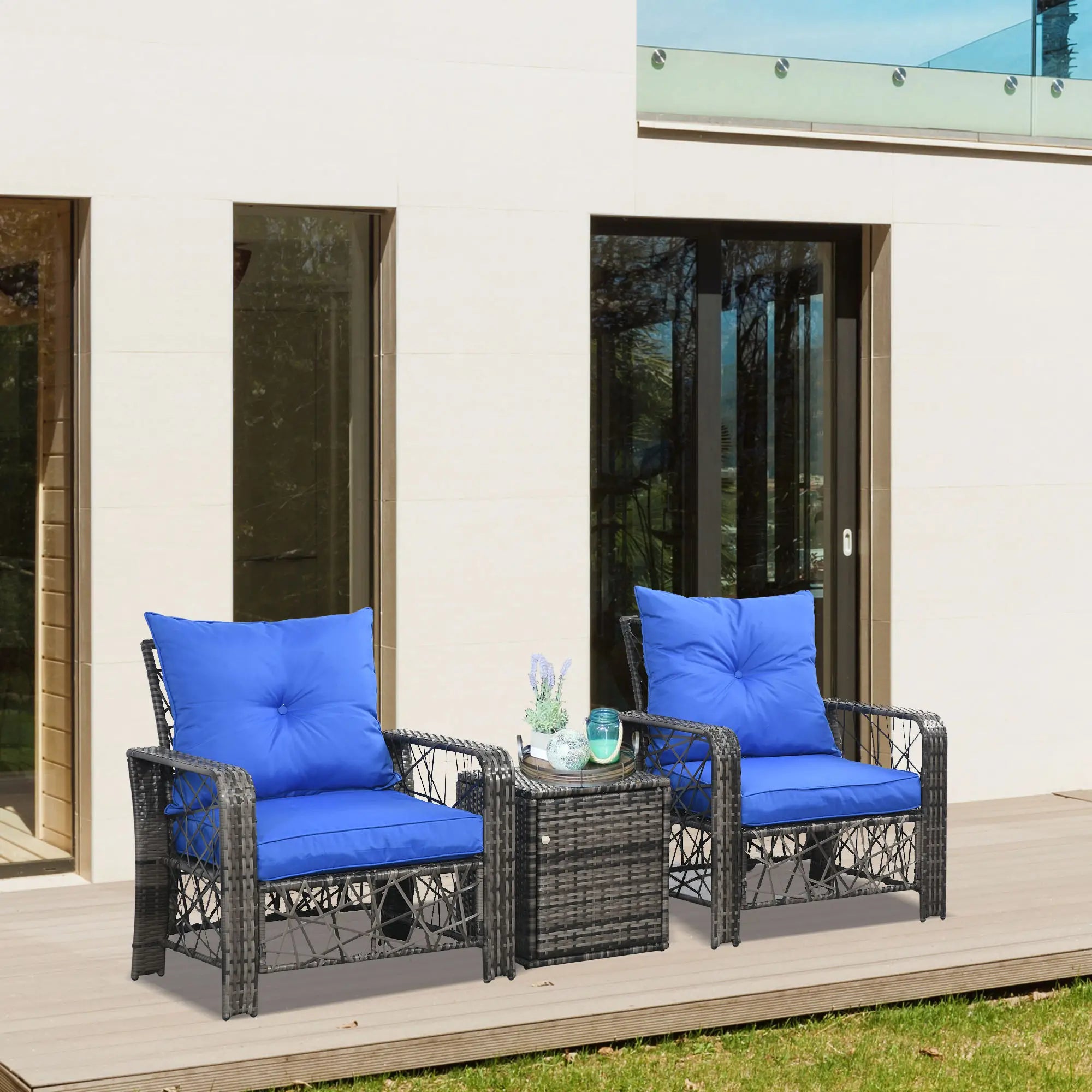 3 Pc Wicker Patio Set, Rattan Bistro with Storage Table, Thick Cushions, Blue Bistro Sets at Gallery Canada
