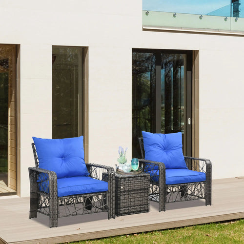 3 Pc Wicker Patio Set, Rattan Bistro with Storage Table, Thick Cushions, Blue