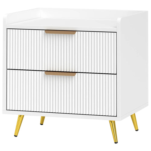 Bedside Table, Nightstand with 2 Drawers, Metal Legs, White