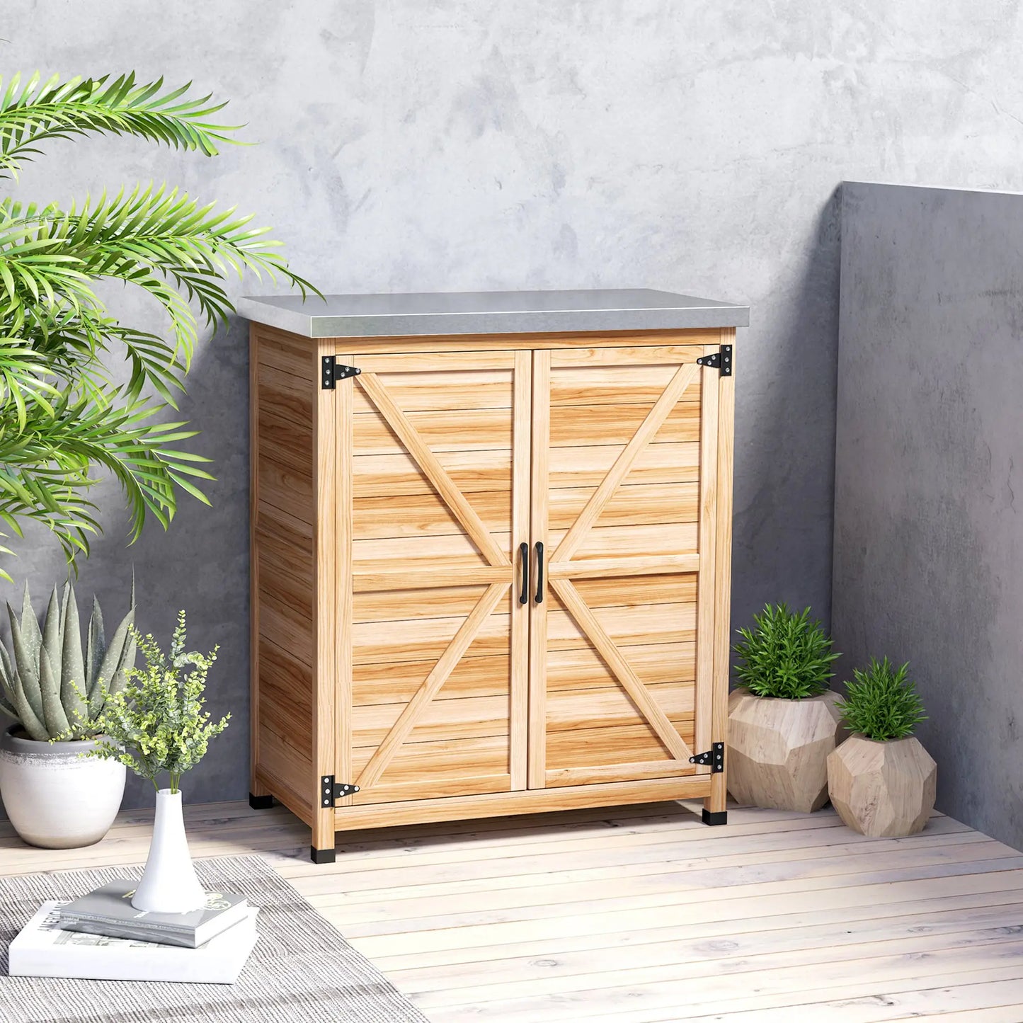 Outdoor Potting Bench Table, Metal Tabletop, Shelf, Double Doors, Natural Sheds at Gallery Canada