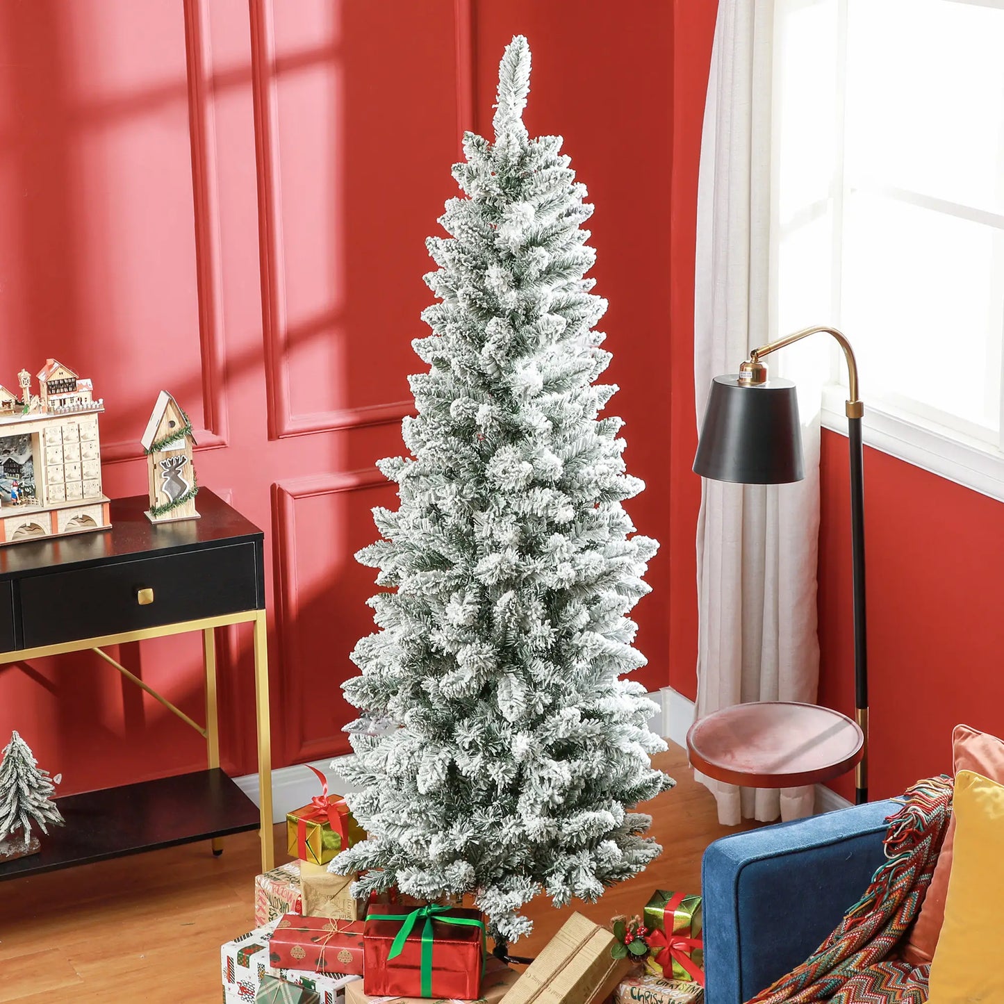 6ft Flocked Pencil Christmas Tree, 479 Branch Tips, Metal Base