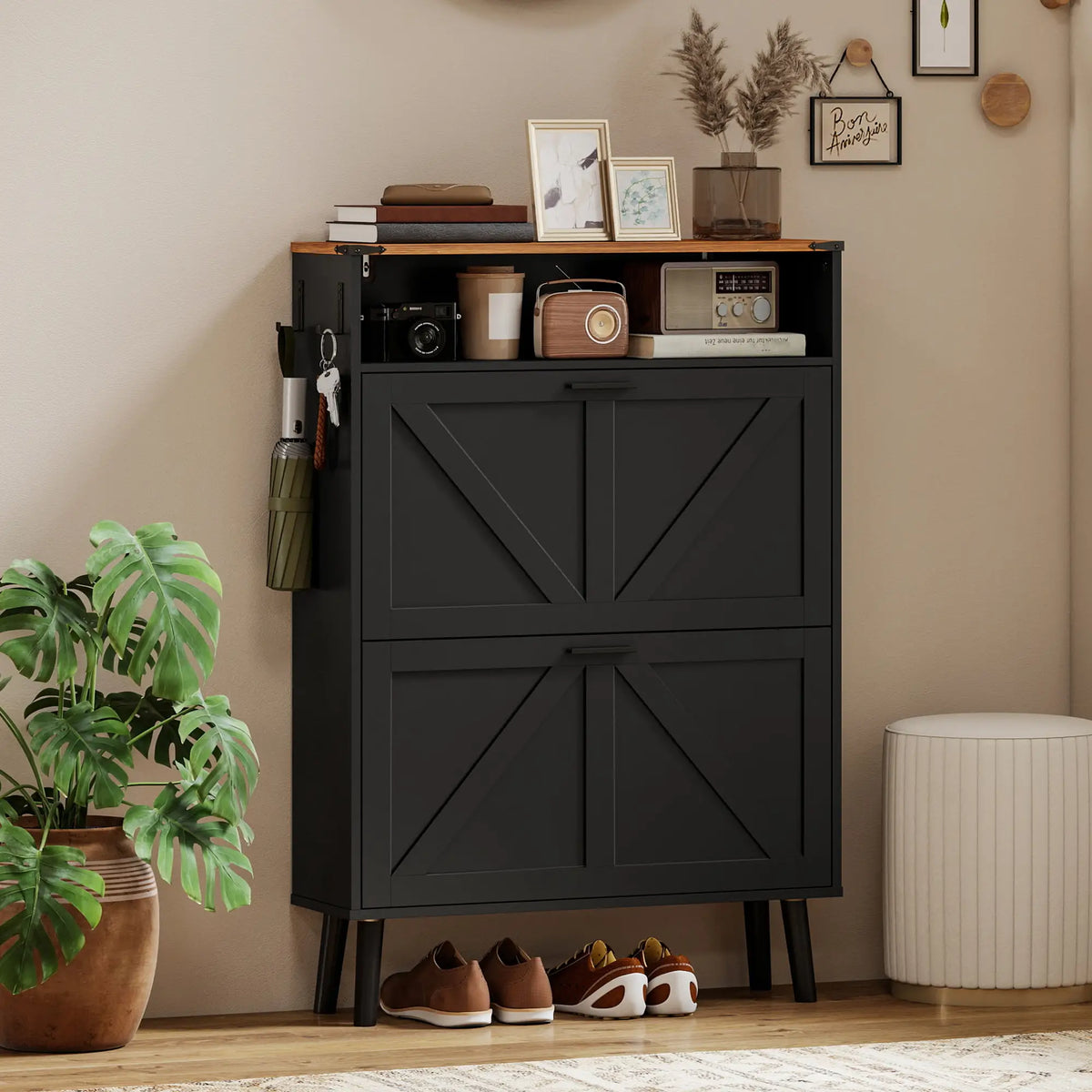 Shoe Storage Cabinet, 2 Flip Drawers, Farmhouse Narrow, Holds 16 Pairs, Black Shoe Storage Cabinets & Racks at Gallery Canada