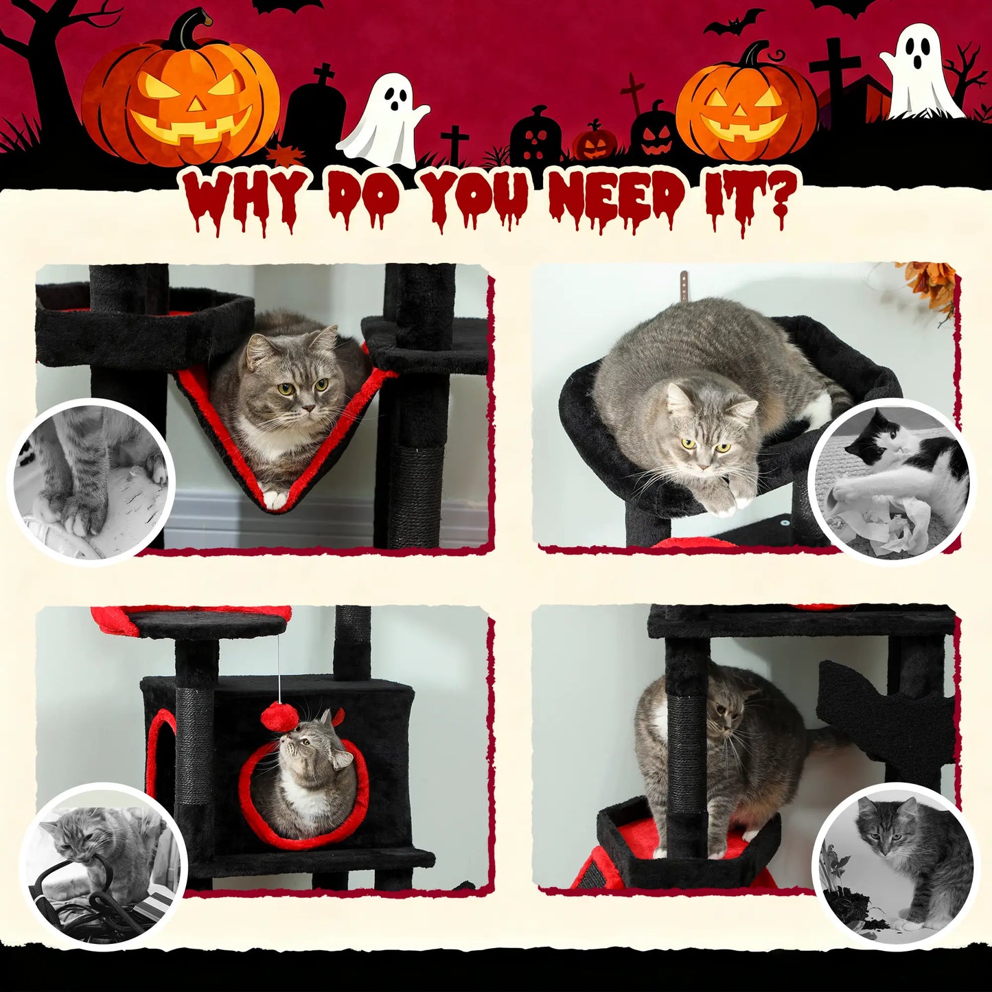Gothic Cat Tree, 60" Tall, Coffin Bed, Scratching Posts, Black Cat Towers at Gallery Canada