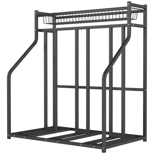 3 Bike Stand, Metal Floor Storage Rack with Basket, Hooks, Black