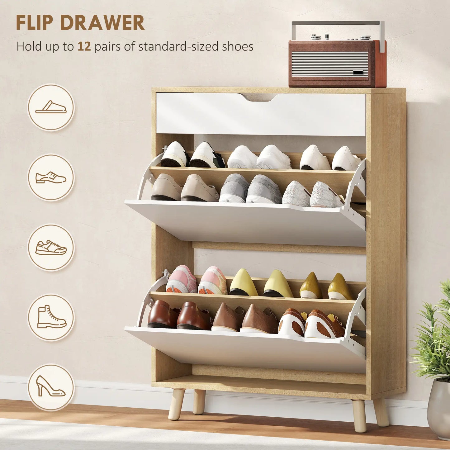 Narrow Shoe Cabinet, 2 Flip Drawers, Adjustable Shelves, White Shoe Storage Cabinets & Racks at Gallery Canada