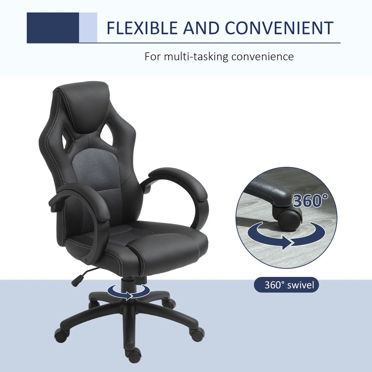 Chaise de jeu de course, Roues pivotantes, Appuie-tête rembourré, Fonction d'inclinaison, Gris