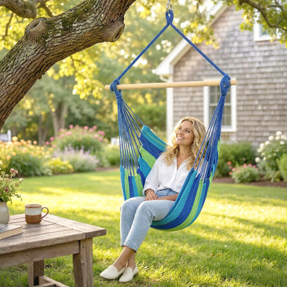 Hanging Macrame Chair, Two Soft Seat Cushions, Blue Green Hanging Porch Swings at Gallery Canada