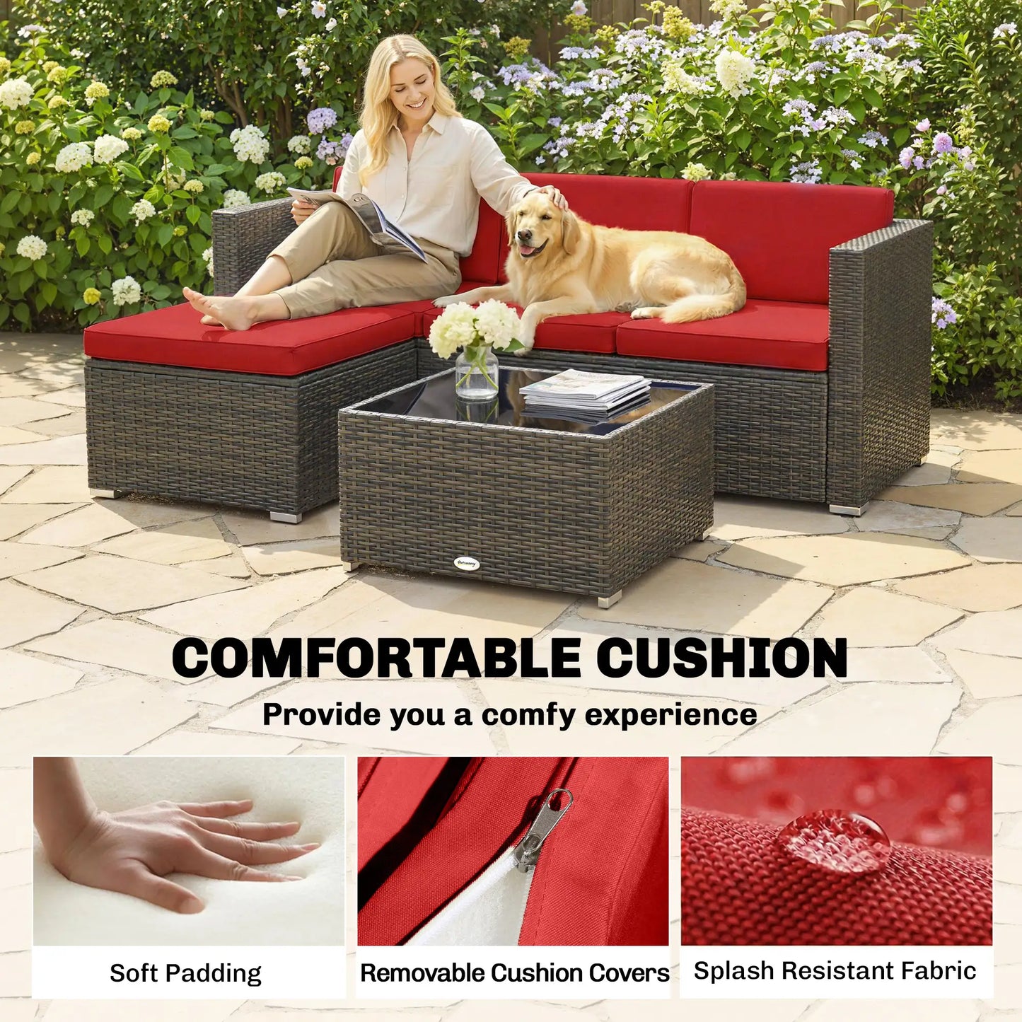 3-Piece Patio Furniture Set, Outdoor PE Rattan Wicker Sofa, Glass Top Table Patio Furniture Sets at Gallery Canada