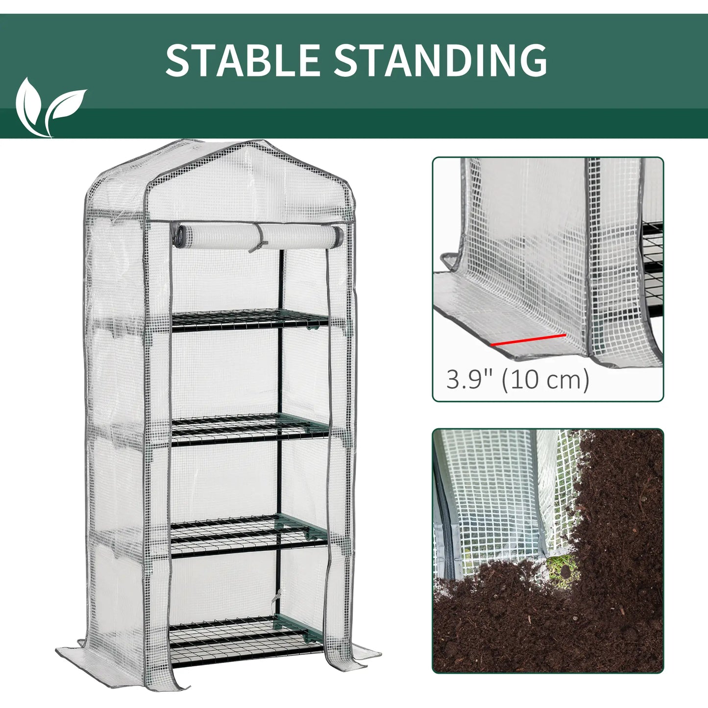 Portable Greenhouse With 4 Tier Shelves, Steel Frame, PE Cover, 28" x 20" x 63", White