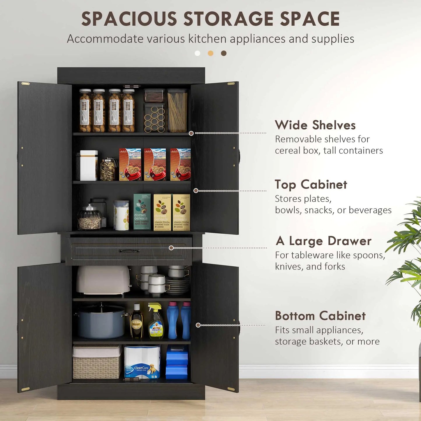 71" Freestanding Kitchen Pantry, 4 Doors 2 Cabinets, Distressed Black, Black Kitchen Pantry Cabinets at Gallery Canada