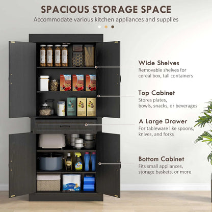 71" Freestanding Kitchen Pantry, 4 Doors 2 Cabinets, Distressed Black, Black Kitchen Pantry Cabinets at Gallery Canada