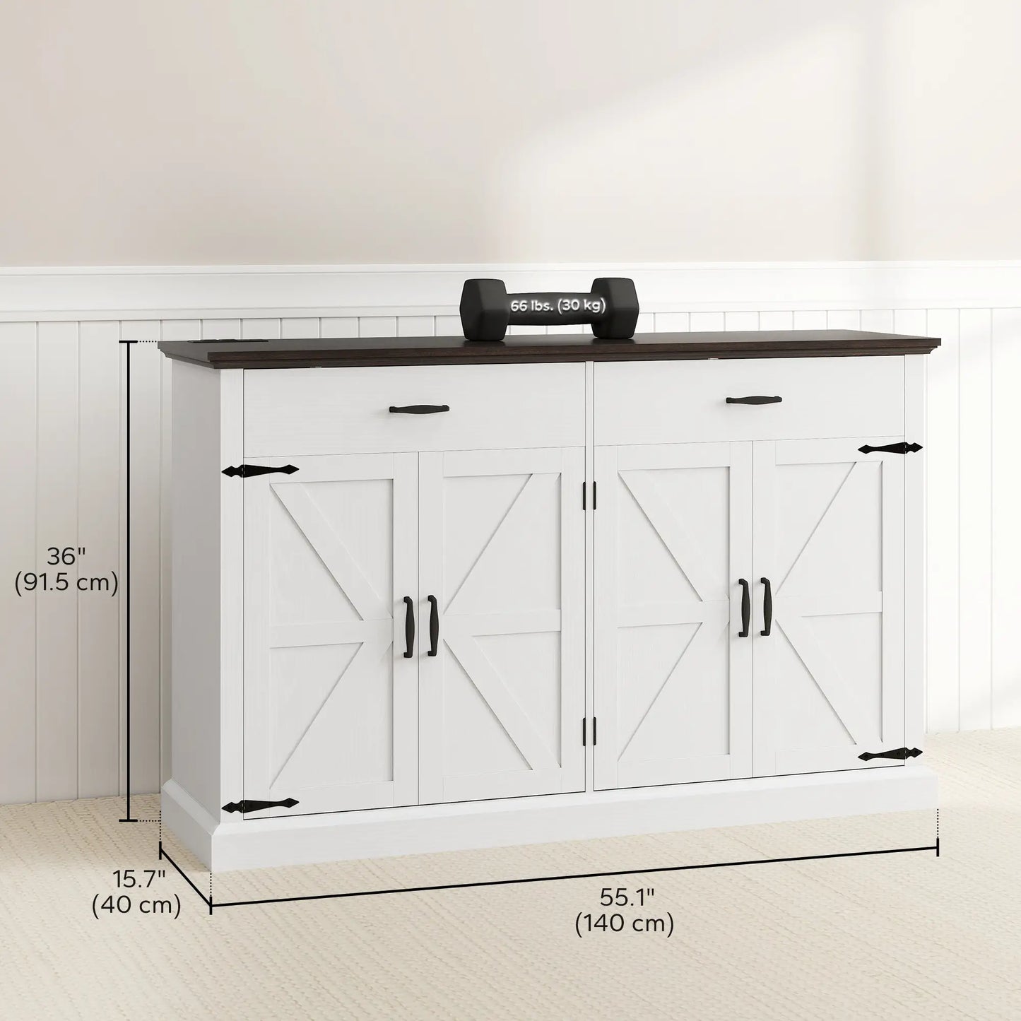 55" Buffet Cabinet, Farmhouse Sideboard, 1.2" Thick Top, White Storage Cabinets at Gallery Canada