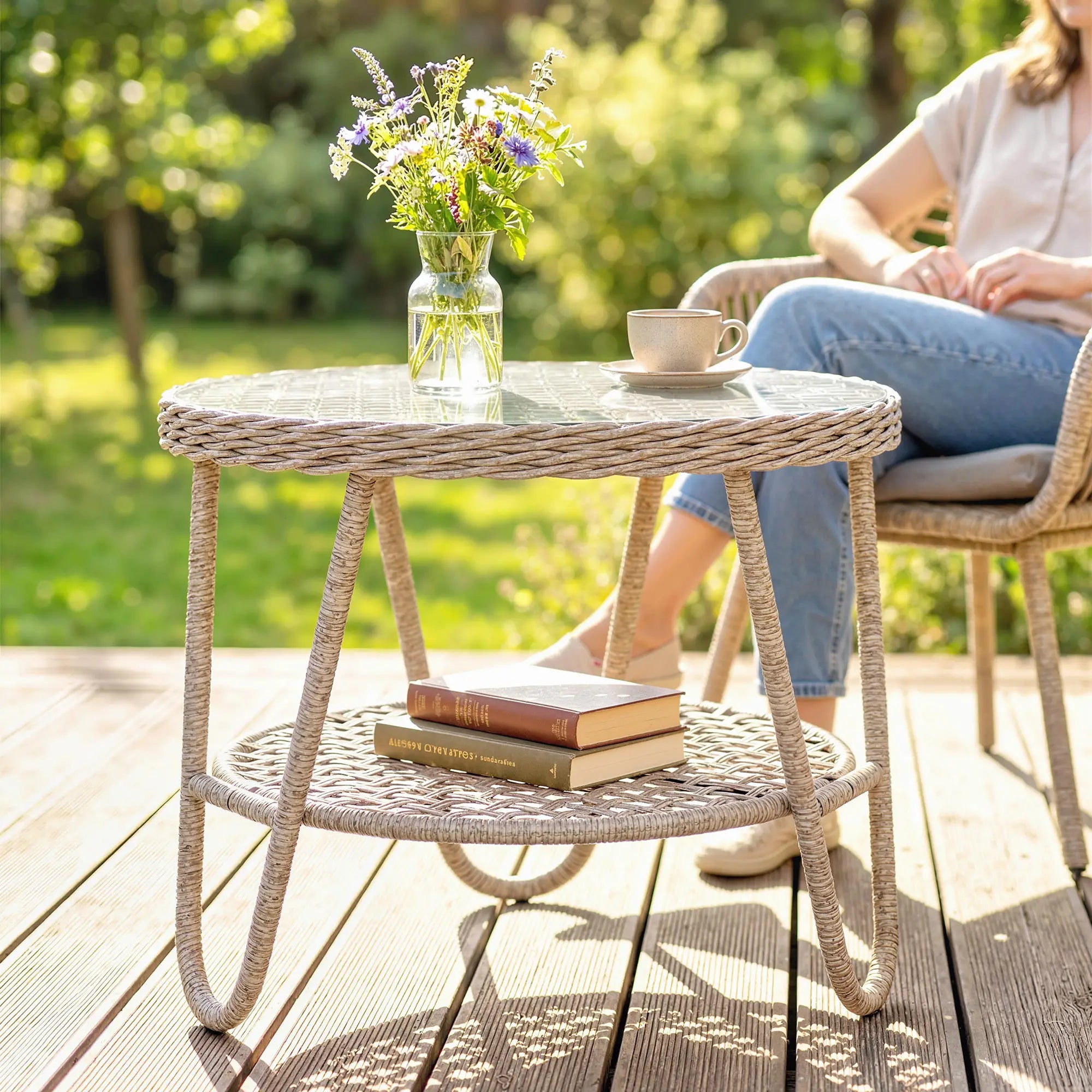 Rattan Outdoor Coffee Table, 2-Tier Small Garden Side Table, Tempered Glass Top Patio Side Tables at Gallery Canada