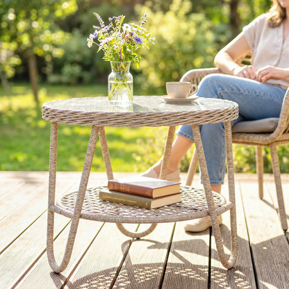 Rattan Outdoor Coffee Table, 2-Tier Small Garden Side Table, Tempered Glass Top Patio Side Tables at Gallery Canada