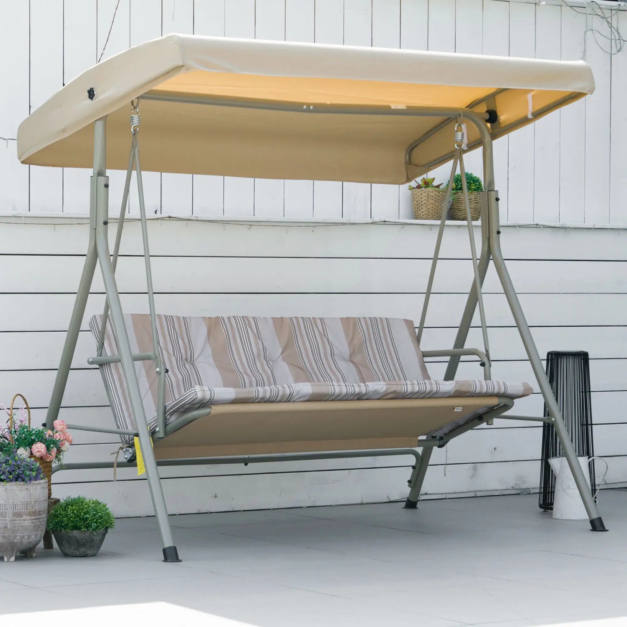 3-Seat Patio Swing Chair, Adjustable Canopy, Light Brown Patio Swings with Stand at Gallery Canada