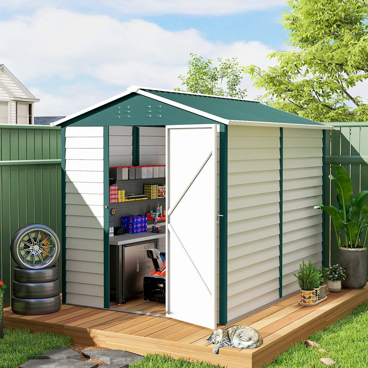 9' x 6' Green Garden Shed, Outdoor Storage With Sloped Roof, Green