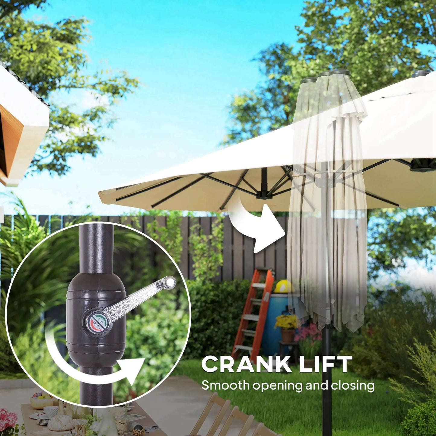 15' Outdoor Patio Umbrella, Twin Canopy Sunshade, Lift Crank, Beige Sun Umbrellas at Gallery Canada