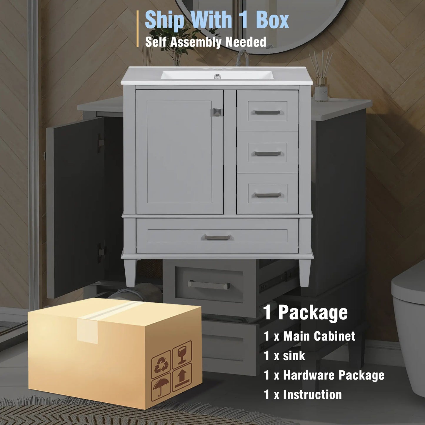 Bathroom Vanity with Sink, Solid Wood, Storage Cabinet, 30" L x 18" W x 34" H, Grey Sink Cabinets at Gallery Canada
