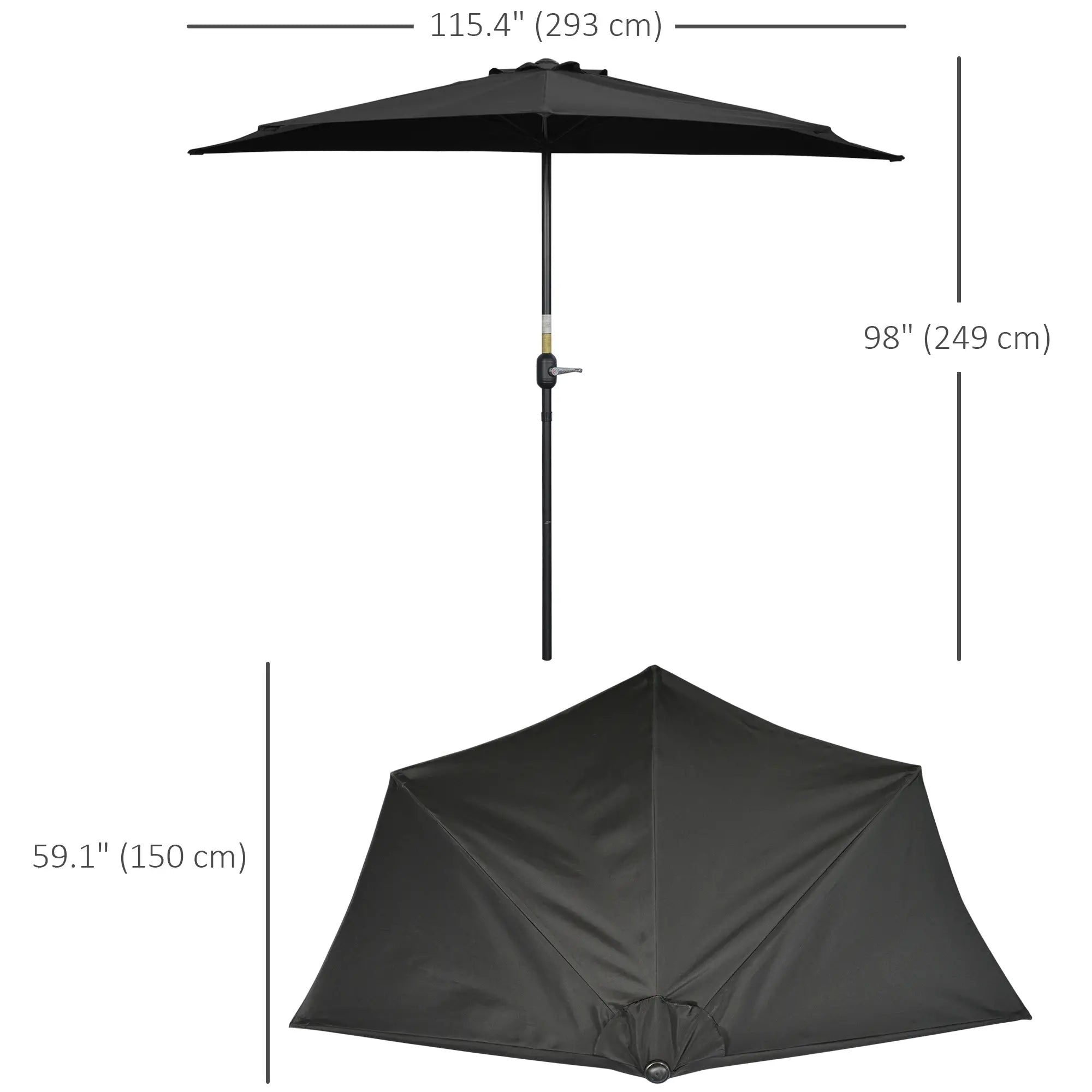 9.8ft Half Umbrella, Semi Round Patio Parasol, Crank Handle, Top Vent, Black Sun Umbrellas at Gallery Canada