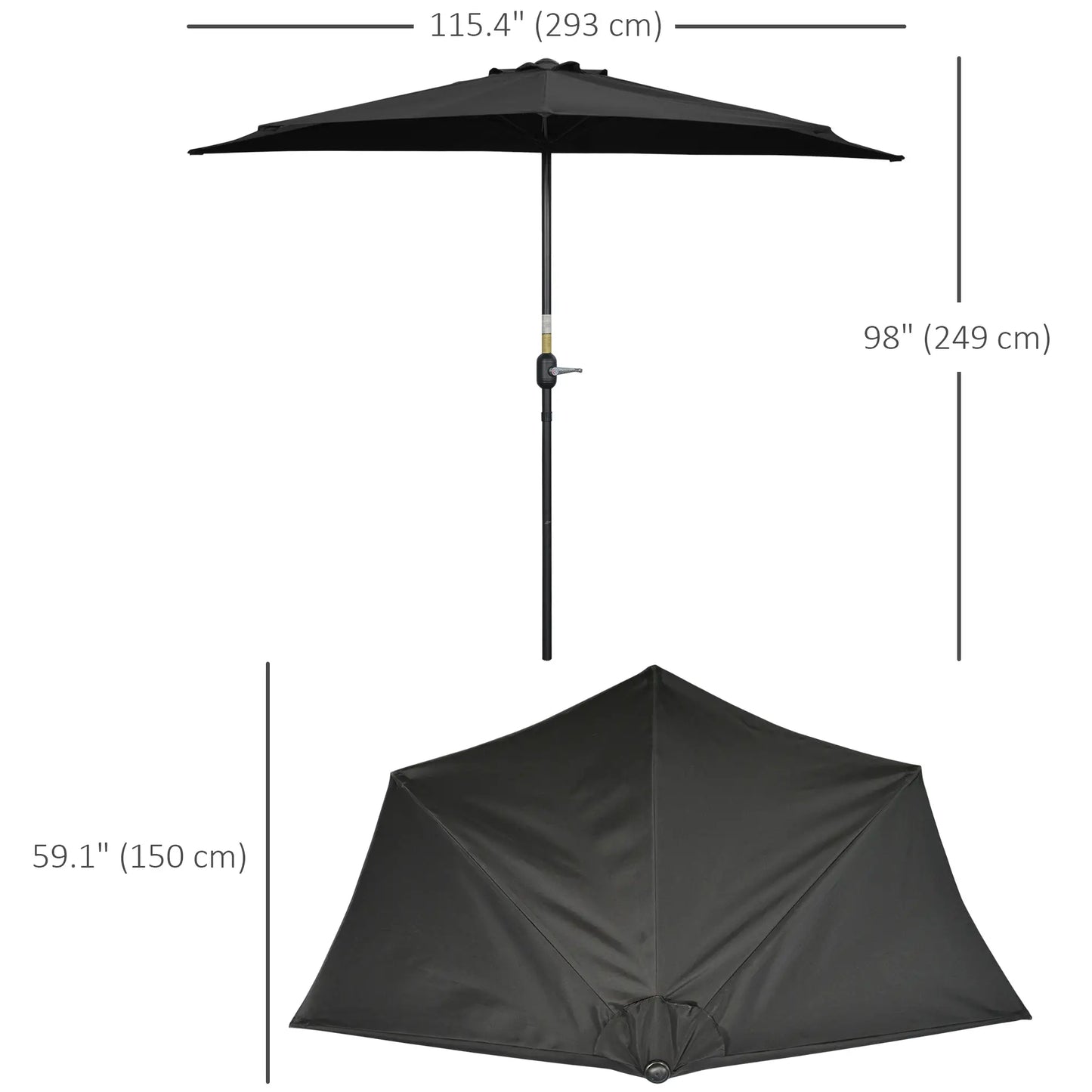 9.8ft Half Umbrella, Semi Round Patio Parasol, Crank Handle, Top Vent, Black Sun Umbrellas at Gallery Canada