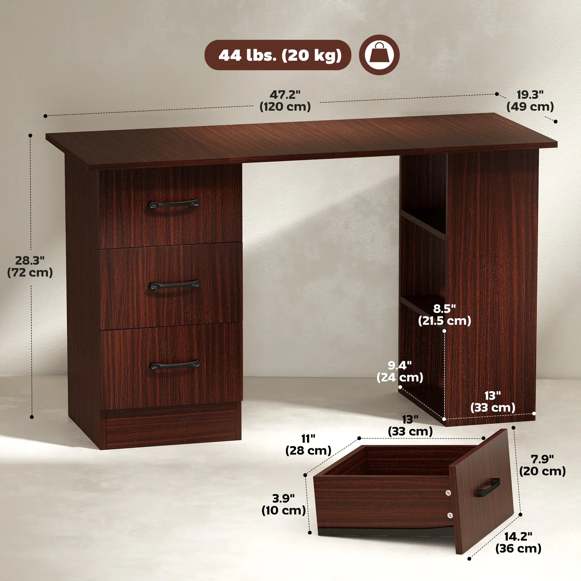 47 Inches Office Desk, 3-Tier Storage Shelves, Drawers, Walnut Writing Desks at Gallery Canada